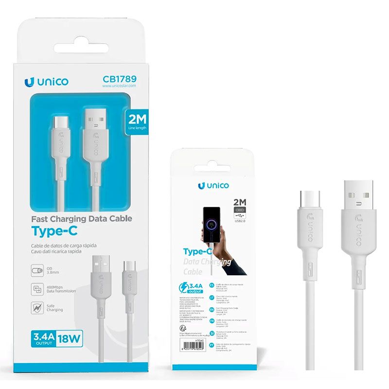 Cable USB a USB Tipo C 3.4A de 2 Metros y Carga Rápida